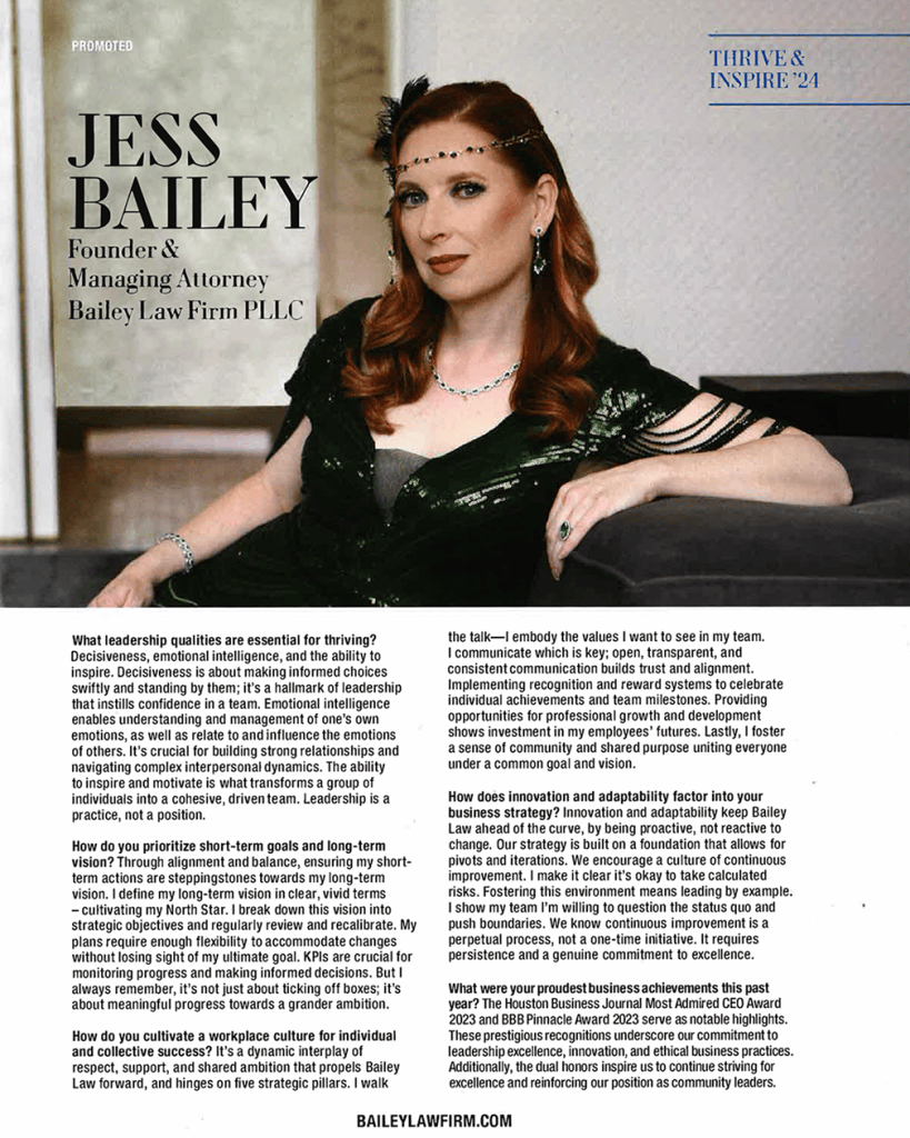Jess Bailey, Managing Attorney at Bailey Law Firm, guiding business leaders in The Woodlands on corporate law, business, entity formation, entrepreneurship, contracts, finance, mergers, acquisitions, corporate governance, banking, finance, M&A strategies, and risk management to ensure compliance and no lawsuit issues.