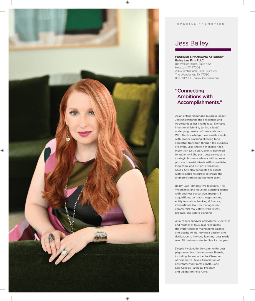 Jess Bailey, Managing Attorney at Bailey Law Firm, guiding business leaders in The Woodlands on corporate law, business, entity formation, entrepreneurship, contracts, finance, mergers, acquisitions, corporate governance, banking, finance, M&A strategies, and risk management to ensure compliance and no lawsuit issues.