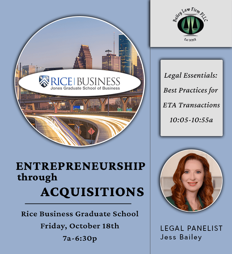 Jess Bailey, Managing Attorney at Bailey Law Firm, guiding business leaders in The Woodlands on corporate law, business, entity formation, entrepreneurship, contracts, finance, mergers, acquisitions, corporate governance, banking, finance, M&A strategies, and risk management to ensure compliance and no lawsuit issues. 
