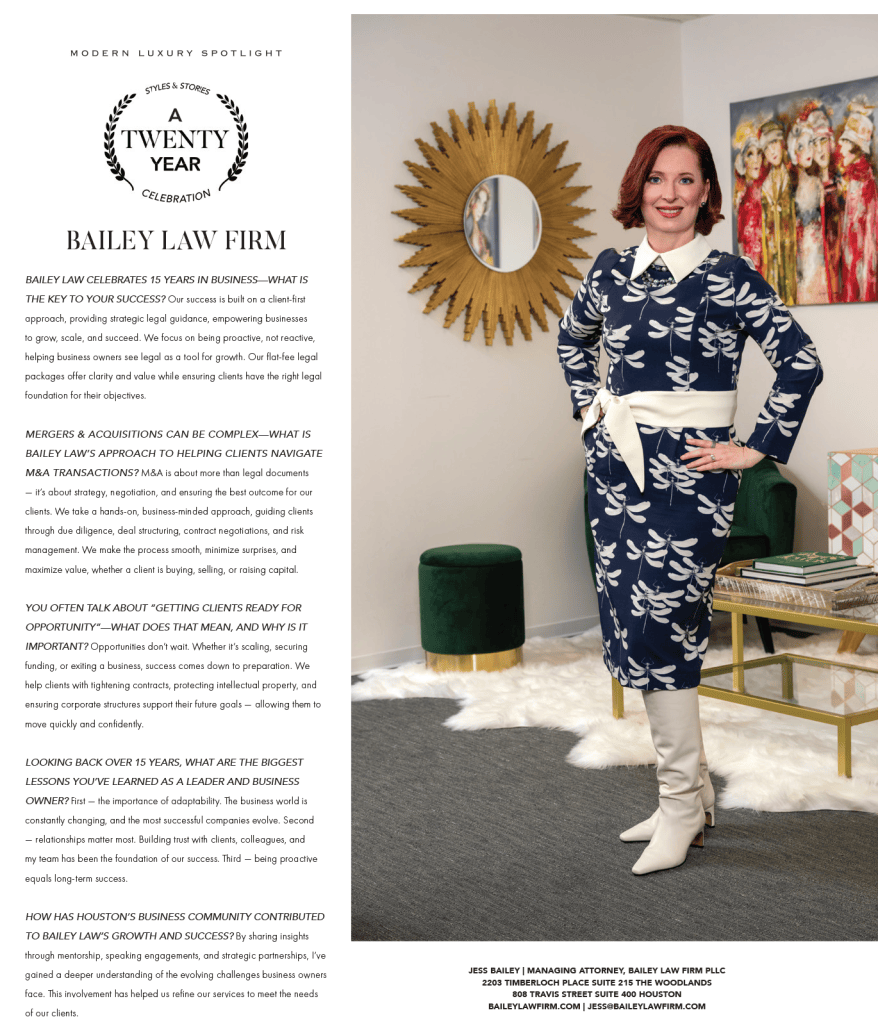 Jess Bailey, Managing Attorney at Bailey Law Firm, guiding business leaders in The Woodlands on corporate law, business, entity formation, entrepreneurship, contracts, finance, mergers, acquisitions, corporate governance, banking, finance, M&A strategies, and risk management to ensure compliance and no lawsuit issues. 